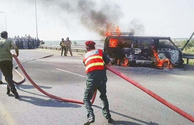 15 women and children injured as van catches fire in Khyber